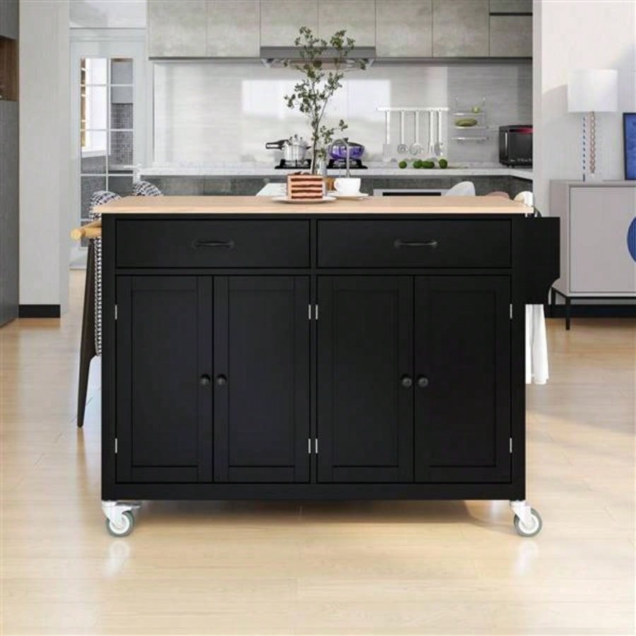 Kitchen Island Cart with Solid Wood Top and Locking Wheels, 54.3 Inch Width, 4 Door Cabinet and Two Drawers, Spice Rack, Towel Rack Black
