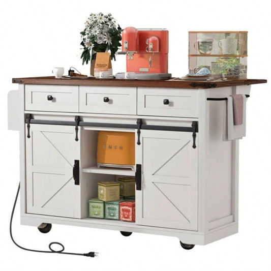 53. Farmhouse Kitchen Island with Power Outlet, 2 Sliding Barn Door Kitchen Storage Island with Drop Leaf, Spice Rack Rolling Kitchen Cart on Wheels, Home, Kitchen and Dining Room, White
