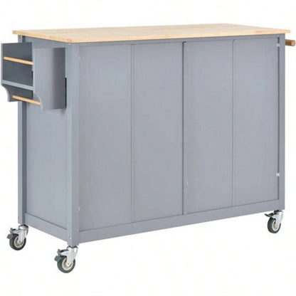 Kitchen Island Cart with Solid Wood Top and Locking Wheels, 54.3 Inch Width, 4 Door Cabinet and Two Drawers, Spice Rack, Towel Rack Blue