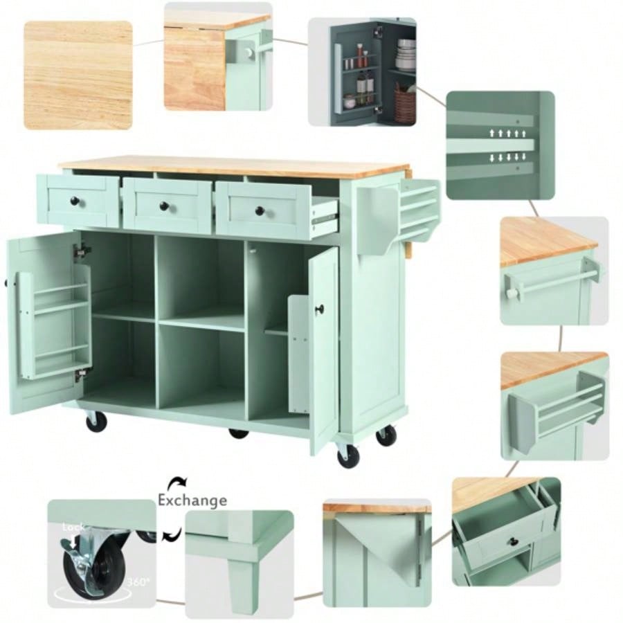 Kitchen Cart with Rubber wood Drop - Leaf Countertop, Cabinet door internal storage racks, Kitchen Island on 5 Wheels with Storage Cabinet and 3 Drawers Dinning Room, Mint Green
