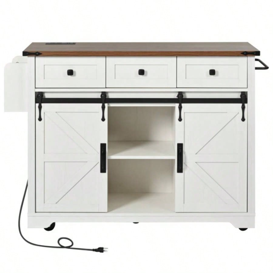 53. Farmhouse Kitchen Island with Power Outlet, 2 Sliding Barn Door Kitchen Storage Island with Drop Leaf, Spice Rack Rolling Kitchen Cart on Wheels, Home, Kitchen and Dining Room, White