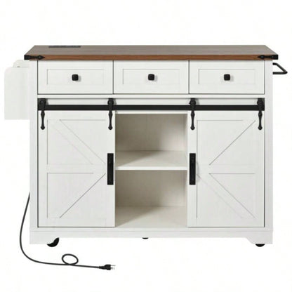53. Farmhouse Kitchen Island with Power Outlet, 2 Sliding Barn Door Kitchen Storage Island with Drop Leaf, Spice Rack Rolling Kitchen Cart on Wheels, Home, Kitchen and Dining Room, White