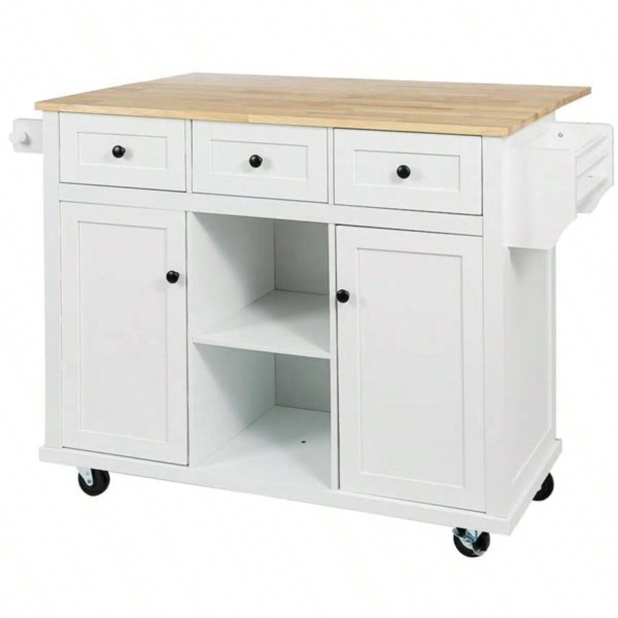 Kitchen Cart with Rubber wood Drop - Leaf Countertop, Cabinet door internal storage racks, Kitchen Island on 5 Wheels with Storage Cabinet and 3 Drawers Dinning Room, White