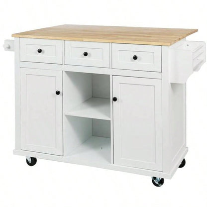 Kitchen Cart with Rubber wood Drop - Leaf Countertop, Cabinet door internal storage racks, Kitchen Island on 5 Wheels with Storage Cabinet and 3 Drawers Dinning Room, White