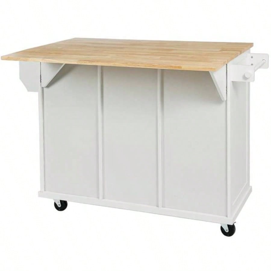 Kitchen Cart with Rubber wood Drop - Leaf Countertop, Cabinet door internal storage racks, Kitchen Island on 5 Wheels with Storage Cabinet and 3 Drawers Dinning Room, White
