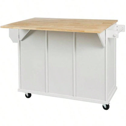 Kitchen Cart with Rubber wood Drop - Leaf Countertop, Cabinet door internal storage racks, Kitchen Island on 5 Wheels with Storage Cabinet and 3 Drawers Dinning Room, White