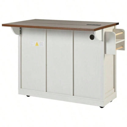 53. Farmhouse Kitchen Island with Power Outlet, 2 Sliding Barn Door Kitchen Storage Island with Drop Leaf, Spice Rack Rolling Kitchen Cart on Wheels, Home, Kitchen and Dining Room, White
