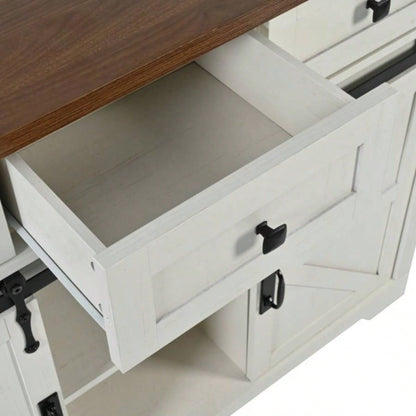 53. Farmhouse Kitchen Island with Power Outlet, 2 Sliding Barn Door Kitchen Storage Island with Drop Leaf, Spice Rack Rolling Kitchen Cart on Wheels, Home, Kitchen and Dining Room, White