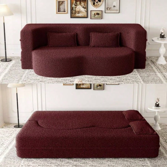 Modern Floor Sofa with 2 Pillows, Convertible Teddy Fabric Foam - Filled Sleeper Sofa Bed, 15 Full Size Folding Mattress Living Room, Guest Bed, no assembly required, Burgundy