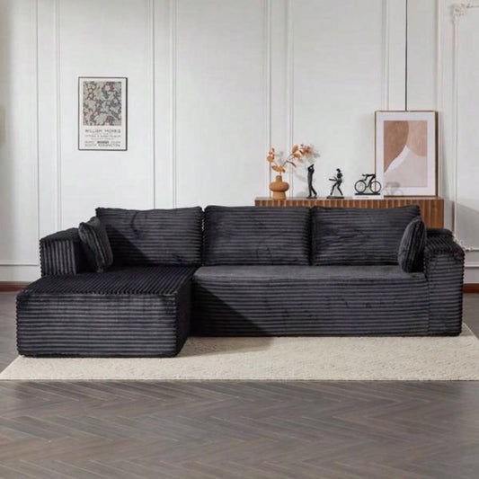 Compression Sectional Couch with Comfy Chaise, Boneless L Shape Sofa with Deep, Minimalist Modular Couches Sleeper Living Room Bedroom Apartment Lounge, corduroy, Black