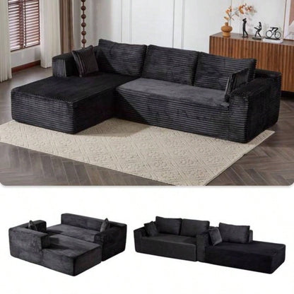 Compression Sectional Couch with Comfy Chaise, Boneless L Shape Sofa with Deep, Minimalist Modular Couches Sleeper Living Room Bedroom Apartment Lounge, corduroy, Black