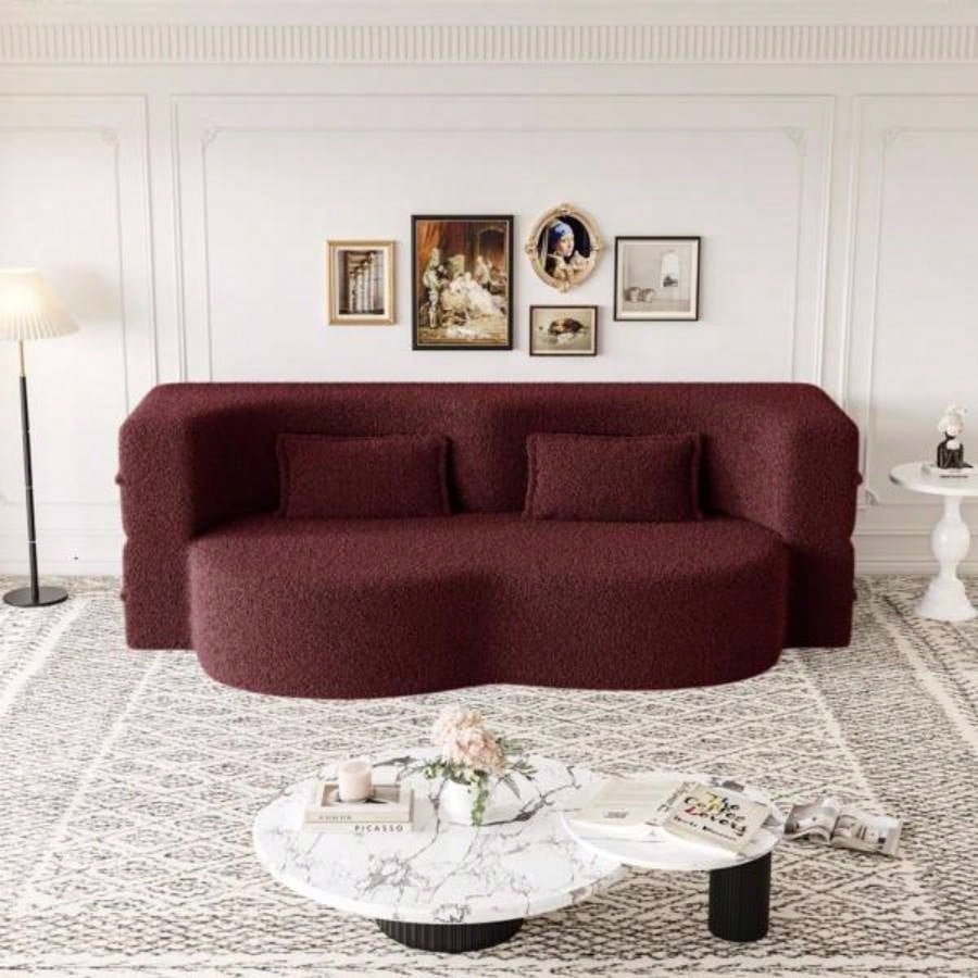 Modern Floor Sofa with 2 Pillows, Convertible Teddy Fabric Foam - Filled Sleeper Sofa Bed, 15 Full Size Folding Mattress Living Room, Guest Bed, no assembly required, Burgundy