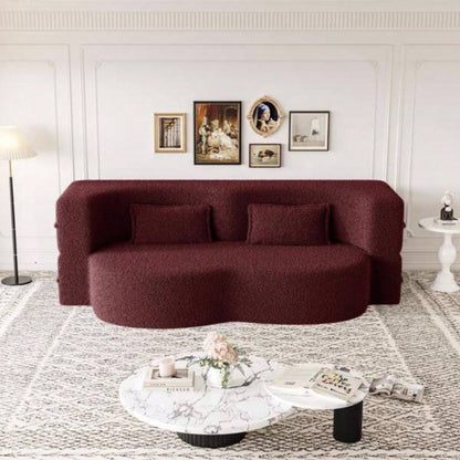 Modern Floor Sofa with 2 Pillows, Convertible Teddy Fabric Foam - Filled Sleeper Sofa Bed, 15 Full Size Folding Mattress Living Room, Guest Bed, no assembly required, Burgundy