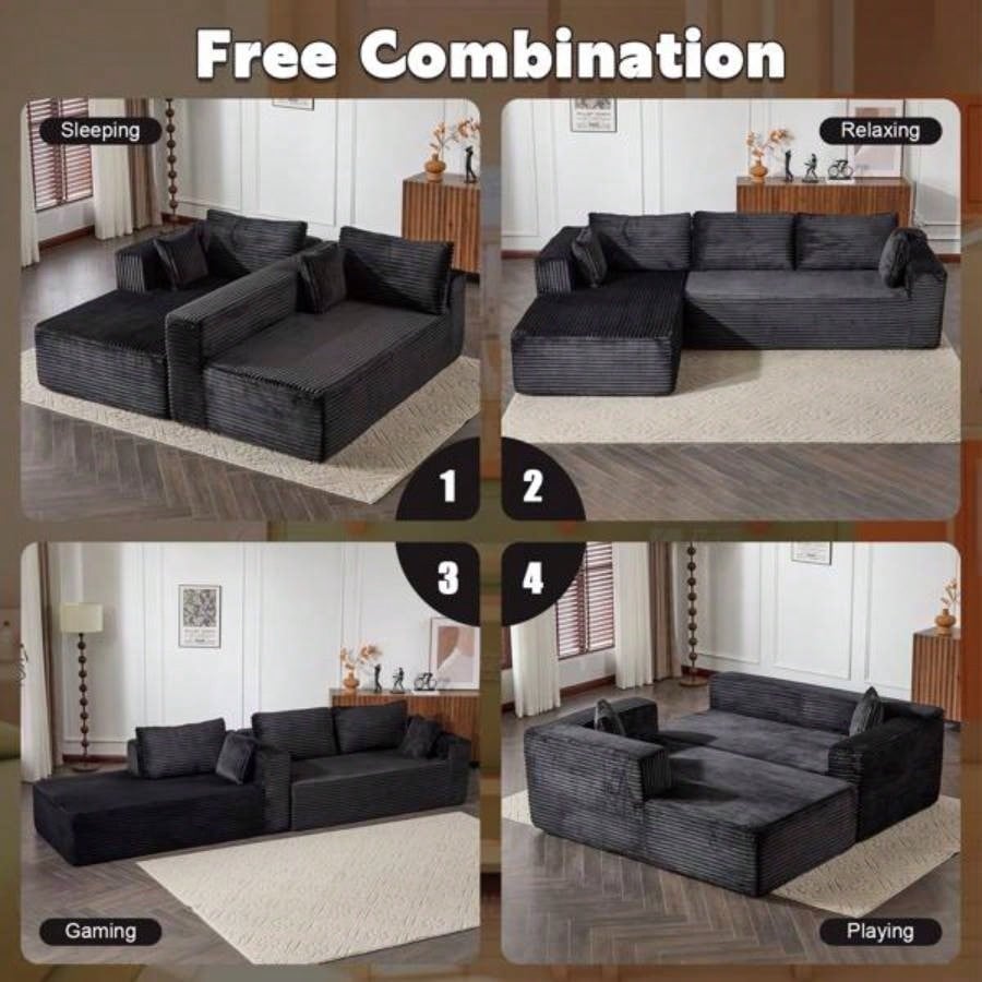 Compression Sectional Couch with Comfy Chaise, Boneless L Shape Sofa with Deep, Minimalist Modular Couches Sleeper Living Room Bedroom Apartment Lounge, corduroy, Black