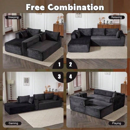 Compression Sectional Couch with Comfy Chaise, Boneless L Shape Sofa with Deep, Minimalist Modular Couches Sleeper Living Room Bedroom Apartment Lounge, corduroy, Black