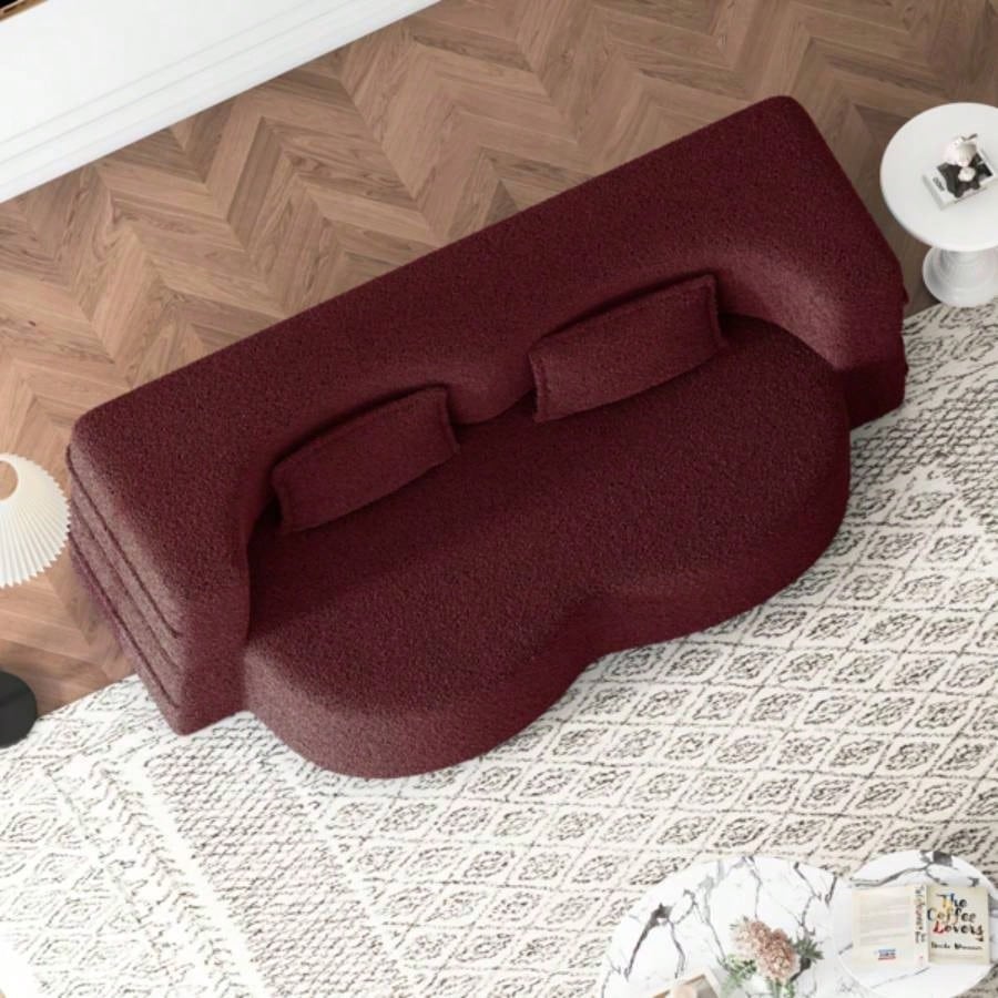 Modern Floor Sofa with 2 Pillows, Convertible Teddy Fabric Foam - Filled Sleeper Sofa Bed, 15 Full Size Folding Mattress Living Room, Guest Bed, no assembly required, Burgundy