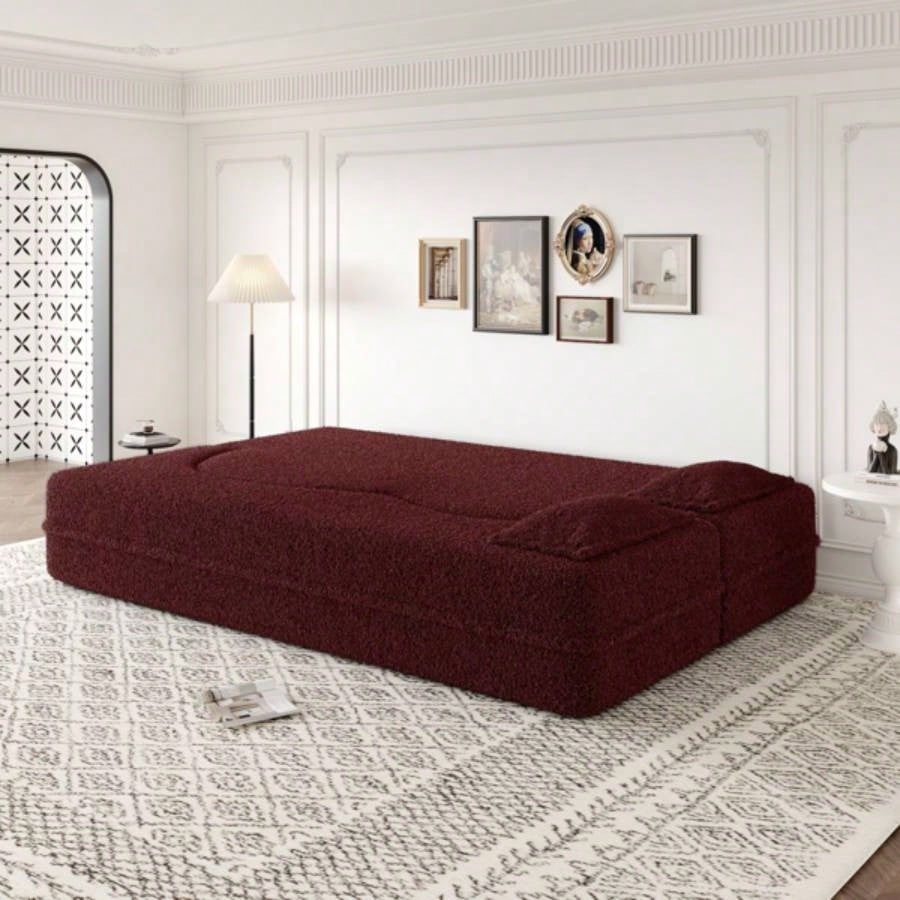 Modern Floor Sofa with 2 Pillows, Convertible Teddy Fabric Foam - Filled Sleeper Sofa Bed, 15 Full Size Folding Mattress Living Room, Guest Bed, no assembly required, Burgundy
