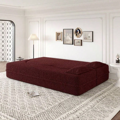 Modern Floor Sofa with 2 Pillows, Convertible Teddy Fabric Foam - Filled Sleeper Sofa Bed, 15 Full Size Folding Mattress Living Room, Guest Bed, no assembly required, Burgundy