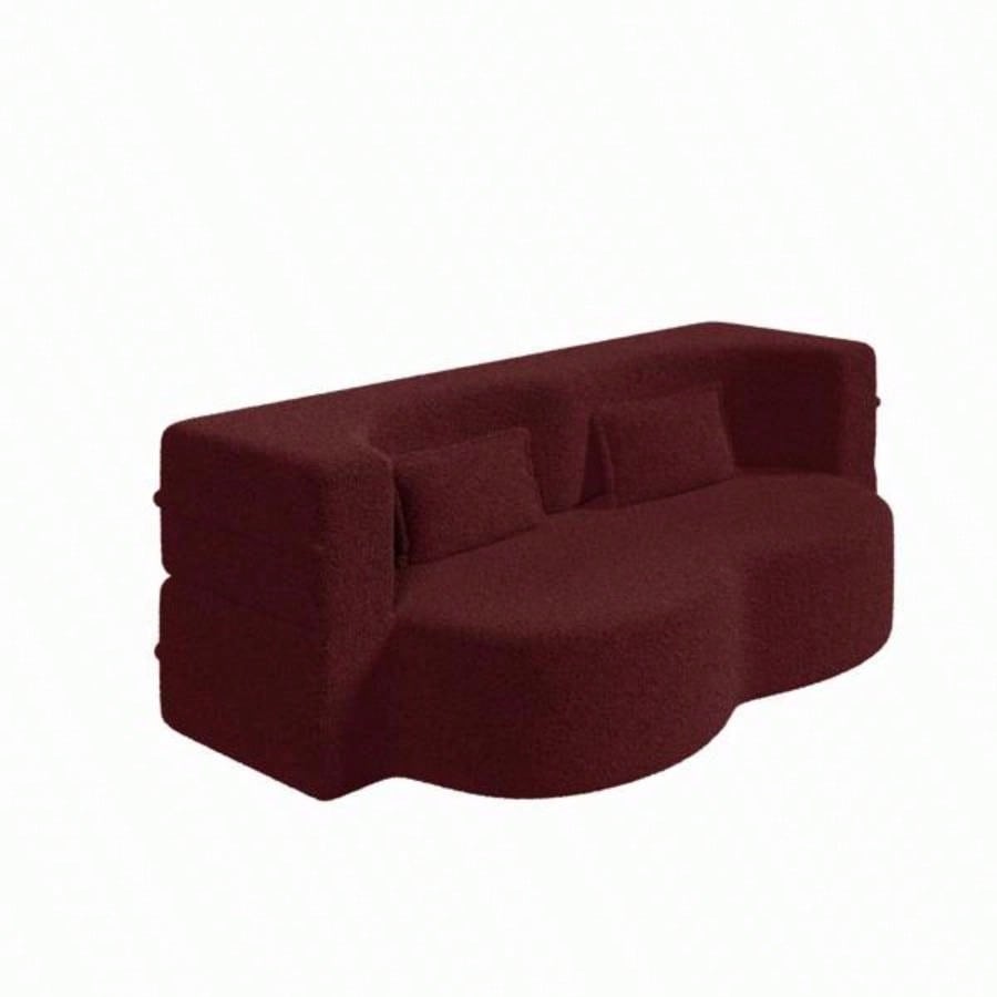 Modern Floor Sofa with 2 Pillows, Convertible Teddy Fabric Foam - Filled Sleeper Sofa Bed, 15 Full Size Folding Mattress Living Room, Guest Bed, no assembly required, Burgundy