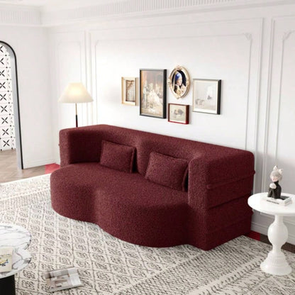 Modern Floor Sofa with 2 Pillows, Convertible Teddy Fabric Foam - Filled Sleeper Sofa Bed, 15 Full Size Folding Mattress Living Room, Guest Bed, no assembly required, Burgundy