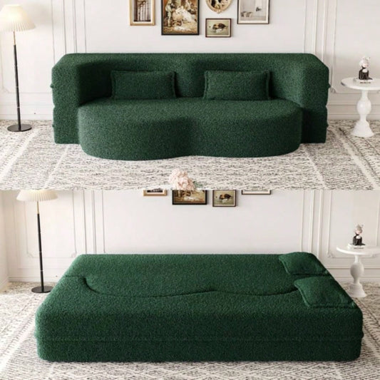 Modern Floor Sofa with 2 Pillows, Convertible Teddy Fabric Foam - Filled Sleeper Sofa Bed, 15 Full Size Folding Mattress Living Room, Guest Bed, Playroom, no assembly required, Green