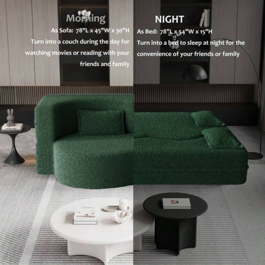 Modern Floor Sofa with 2 Pillows, Convertible Teddy Fabric Foam - Filled Sleeper Sofa Bed, 15 Full Size Folding Mattress Living Room, Guest Bed, Playroom, no assembly required, Green