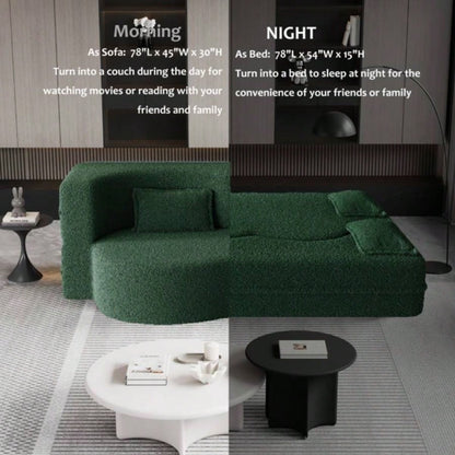 Modern Floor Sofa with 2 Pillows, Convertible Teddy Fabric Foam - Filled Sleeper Sofa Bed, 15 Full Size Folding Mattress Living Room, Guest Bed, Playroom, no assembly required, Green