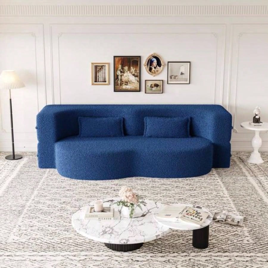 Modern Floor Sofa with 2 Pillows, Convertible Teddy Fabric Foam - Filled Sleeper Sofa Bed, 15 Full Size Folding Mattress Living Room, Guest Bed, Playroom, no assembly required, Blue