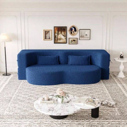Modern Floor Sofa with 2 Pillows, Convertible Teddy Fabric Foam - Filled Sleeper Sofa Bed, 15 Full Size Folding Mattress Living Room, Guest Bed, Playroom, no assembly required, Blue