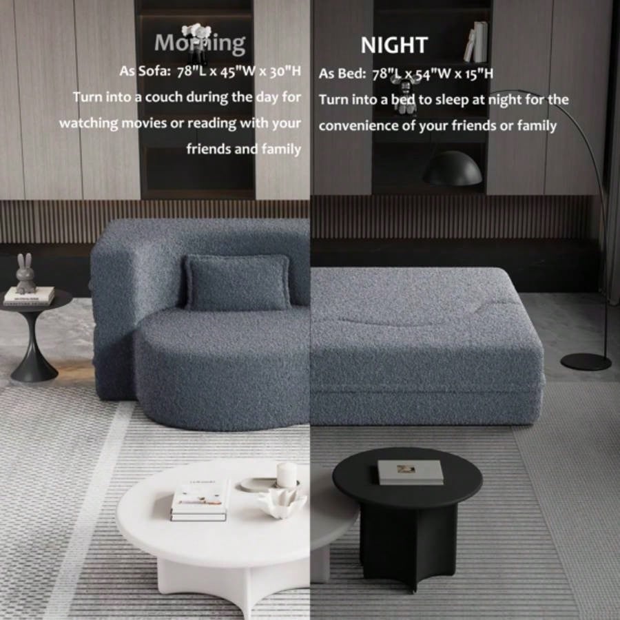 Modern Floor Sofa with 2 Pillows, Convertible Teddy Fabric Foam - Filled Sleeper Sofa Bed, 15 Full Size Folding Mattress Living Room, Guest Bed, Playroom, no assembly required,