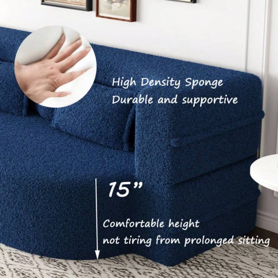 Modern Floor Sofa with 2 Pillows, Convertible Teddy Fabric Foam - Filled Sleeper Sofa Bed, 15 Full Size Folding Mattress Living Room, Guest Bed, Playroom, no assembly required, Blue