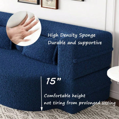 Modern Floor Sofa with 2 Pillows, Convertible Teddy Fabric Foam - Filled Sleeper Sofa Bed, 15 Full Size Folding Mattress Living Room, Guest Bed, Playroom, no assembly required, Blue