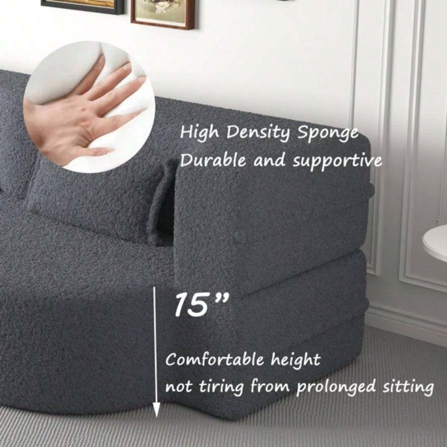 Modern Floor Sofa with 2 Pillows, Convertible Teddy Fabric Foam - Filled Sleeper Sofa Bed, 15 Full Size Folding Mattress Living Room, Guest Bed, Playroom, no assembly required,