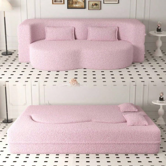 Modern Floor Sofa with 2 Pillows, Convertible Teddy Fabric Foam - Filled Sleeper Sofa Bed, 15 Full Size Folding Mattress Living Room, Guest Bed, Playroom, no assembly required, Pink