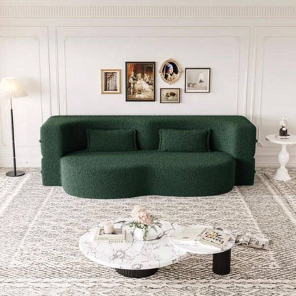 Modern Floor Sofa with 2 Pillows, Convertible Teddy Fabric Foam - Filled Sleeper Sofa Bed, 15 Full Size Folding Mattress Living Room, Guest Bed, Playroom, no assembly required, Green