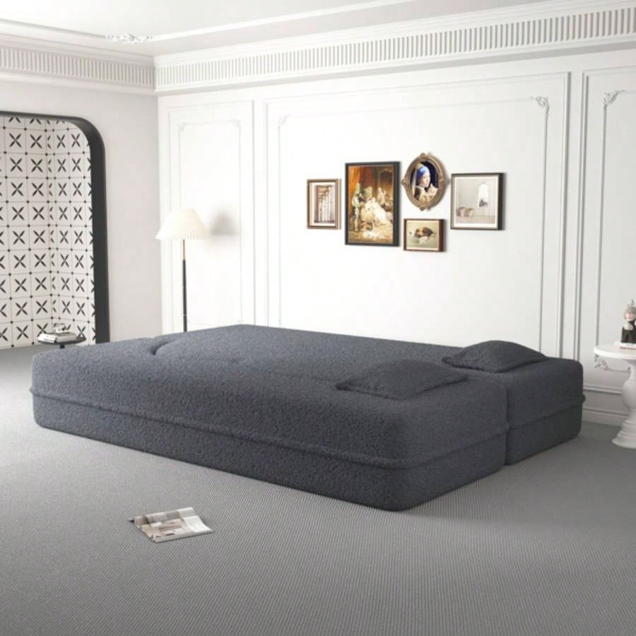 Modern Floor Sofa with 2 Pillows, Convertible Teddy Fabric Foam - Filled Sleeper Sofa Bed, 15 Full Size Folding Mattress Living Room, Guest Bed, Playroom, no assembly required,