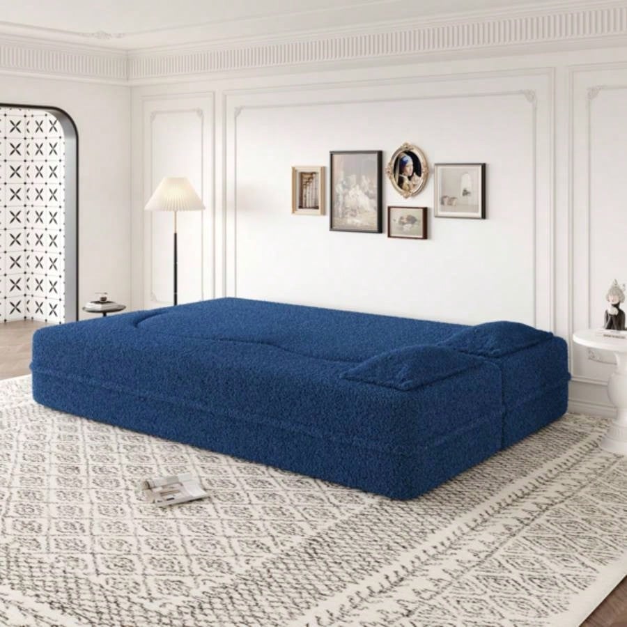 Modern Floor Sofa with 2 Pillows, Convertible Teddy Fabric Foam - Filled Sleeper Sofa Bed, 15 Full Size Folding Mattress Living Room, Guest Bed, Playroom, no assembly required, Blue