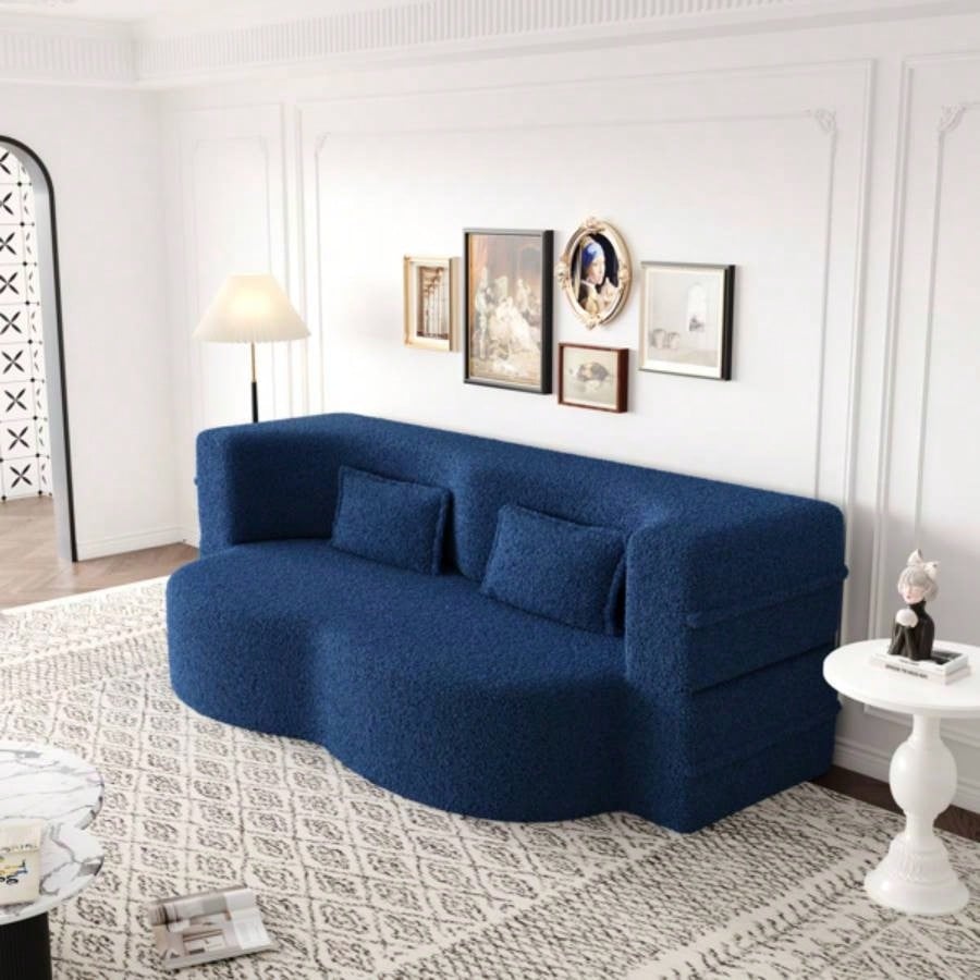Modern Floor Sofa with 2 Pillows, Convertible Teddy Fabric Foam - Filled Sleeper Sofa Bed, 15 Full Size Folding Mattress Living Room, Guest Bed, Playroom, no assembly required, Blue