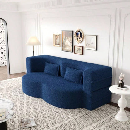 Modern Floor Sofa with 2 Pillows, Convertible Teddy Fabric Foam - Filled Sleeper Sofa Bed, 15 Full Size Folding Mattress Living Room, Guest Bed, Playroom, no assembly required, Blue