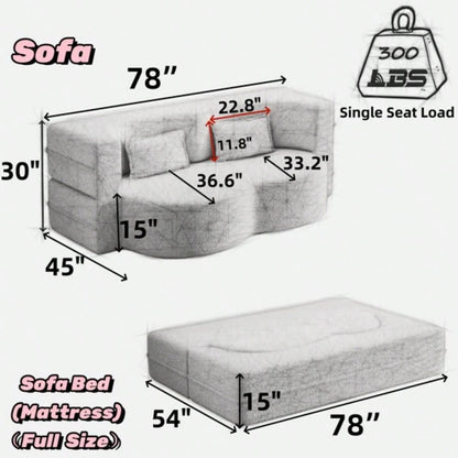 Modern Floor Sofa with 2 Pillows, Convertible Teddy Fabric Foam - Filled Sleeper Sofa Bed, 15 Full Size Folding Mattress Living Room, Guest Bed, Playroom, no assembly required, Blue