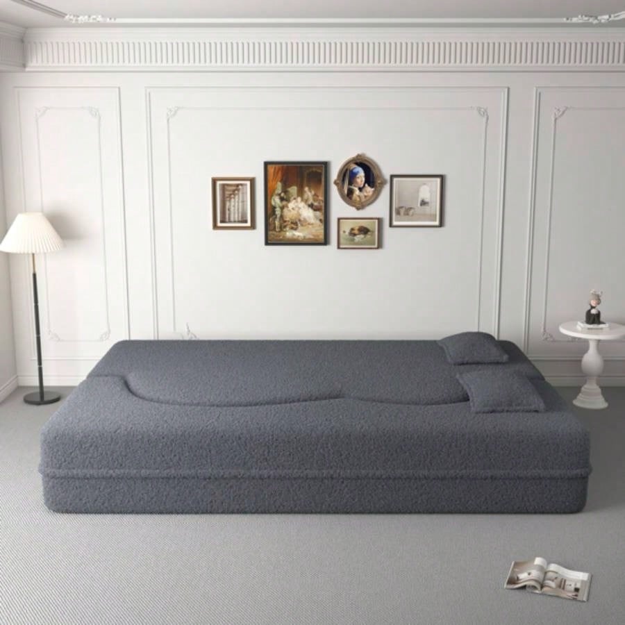 Modern Floor Sofa with 2 Pillows, Convertible Teddy Fabric Foam - Filled Sleeper Sofa Bed, 15 Full Size Folding Mattress Living Room, Guest Bed, Playroom, no assembly required,