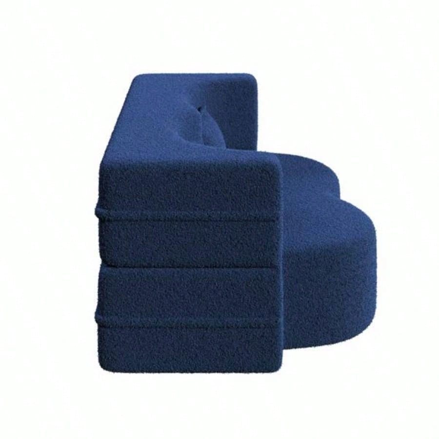 Modern Floor Sofa with 2 Pillows, Convertible Teddy Fabric Foam - Filled Sleeper Sofa Bed, 15 Full Size Folding Mattress Living Room, Guest Bed, Playroom, no assembly required, Blue