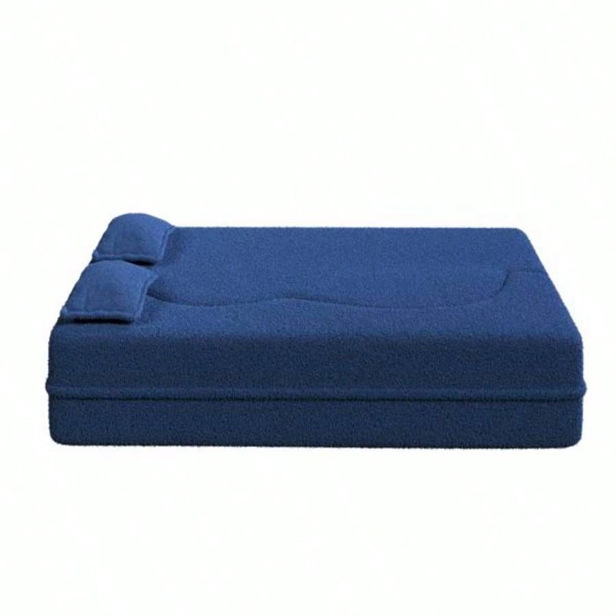 Modern Floor Sofa with 2 Pillows, Convertible Teddy Fabric Foam - Filled Sleeper Sofa Bed, 15 Full Size Folding Mattress Living Room, Guest Bed, Playroom, no assembly required, Blue