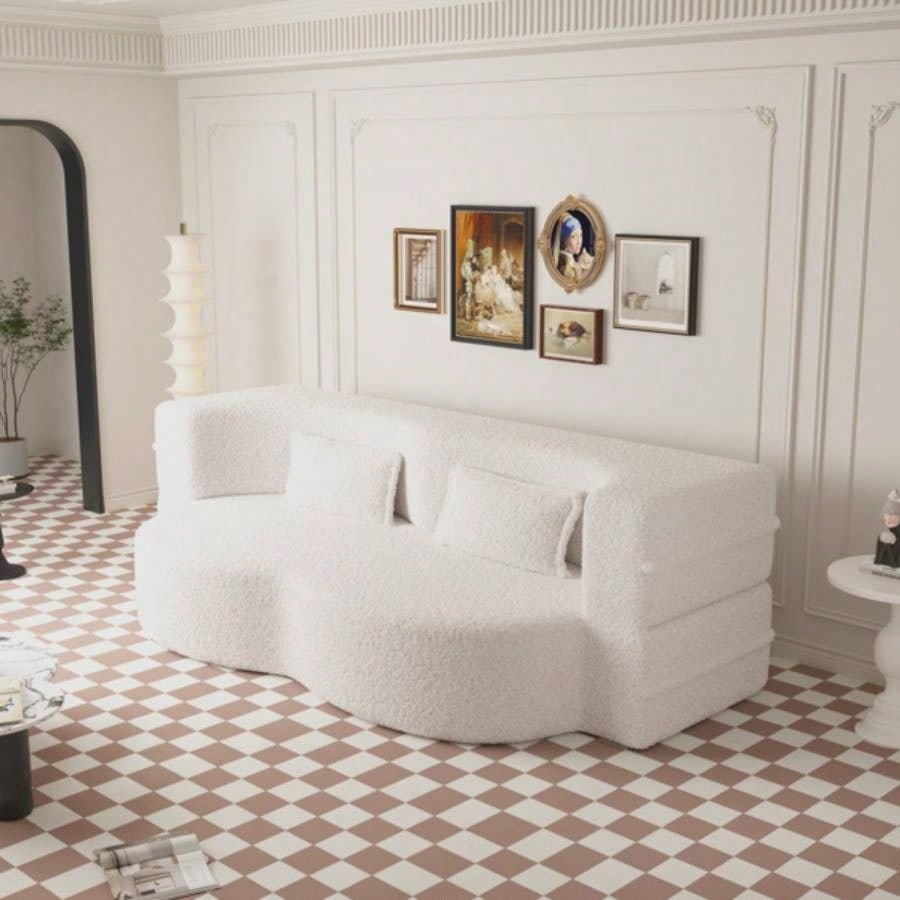 Modern Floor Sofa with 2 Pillows, Convertible Teddy Fabric Foam - Filled Sleeper Sofa Bed, 15 Full Size Folding Mattress Living Room, Guest Bed, Playroom, no assembly required, Beige