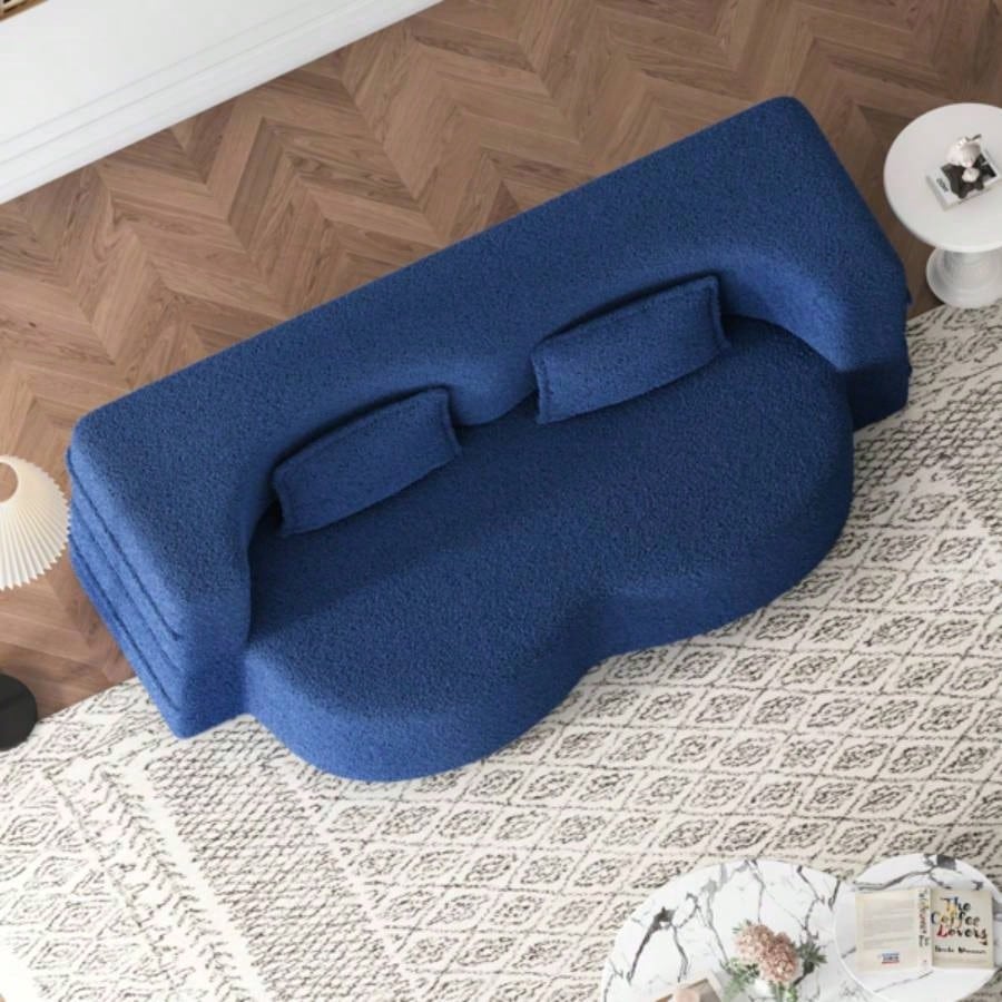 Modern Floor Sofa with 2 Pillows, Convertible Teddy Fabric Foam - Filled Sleeper Sofa Bed, 15 Full Size Folding Mattress Living Room, Guest Bed, Playroom, no assembly required, Blue