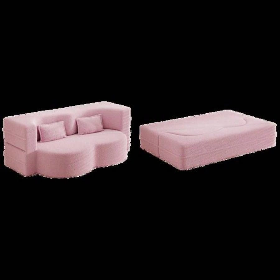 Modern Floor Sofa with 2 Pillows, Convertible Teddy Fabric Foam - Filled Sleeper Sofa Bed, 15 Full Size Folding Mattress Living Room, Guest Bed, Playroom, no assembly required, Pink
