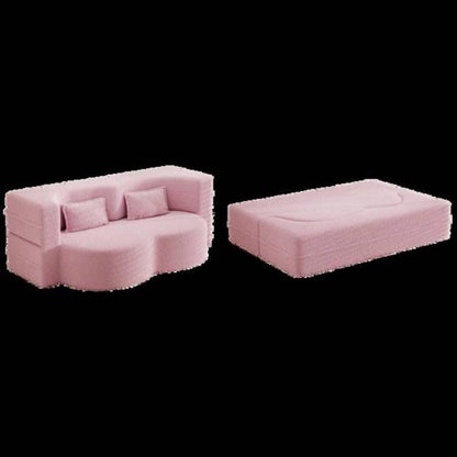 Modern Floor Sofa with 2 Pillows, Convertible Teddy Fabric Foam - Filled Sleeper Sofa Bed, 15 Full Size Folding Mattress Living Room, Guest Bed, Playroom, no assembly required, Pink