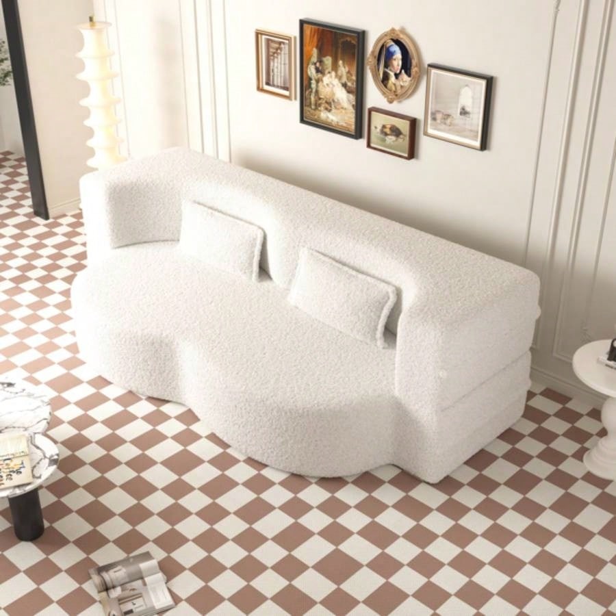 Modern Floor Sofa with 2 Pillows, Convertible Teddy Fabric Foam - Filled Sleeper Sofa Bed, 15 Full Size Folding Mattress Living Room, Guest Bed, Playroom, no assembly required, Beige