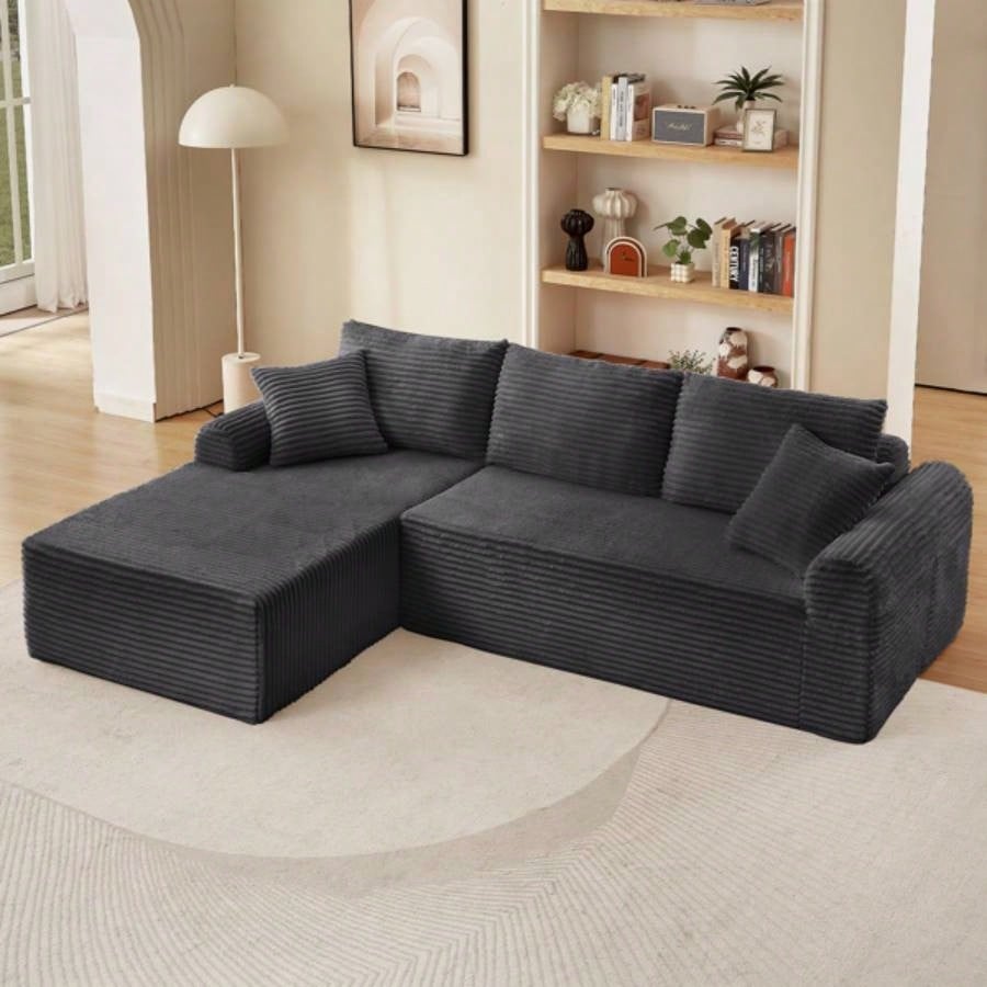 Full - Compression Chaise Lounge Set - Modular Corduroy Sectional with Arched Armrests, Non - Slip Base, Includes 3 Back Cushions 2 Throw Pillows, Right chaise longue sofa