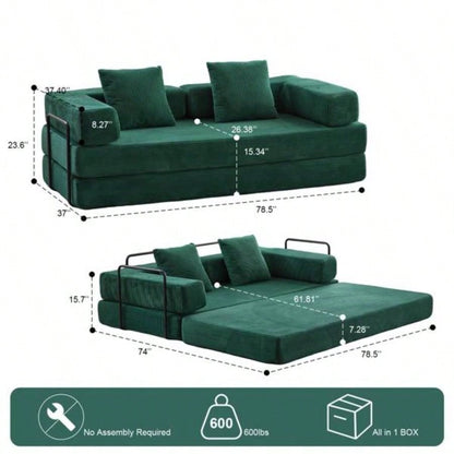 Floor Couch, Compression Sofa, Convertible Floor Sofa Bed - with Pillow Back Support Armrest, Comfy Futon Couch Lounge Sleeper Bed, Corduroy Fabric, Living Room Bedroom